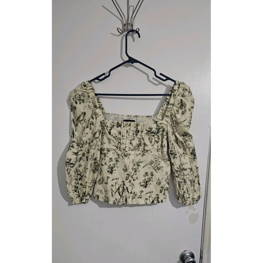 Kourt Women's Smocked Floral Top Small Linen Polyester Blend Green Y2K Preppy